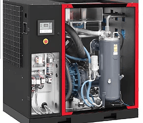 Industrial air compressor with internal components and control panel visible, enclosed in a black and red casing.